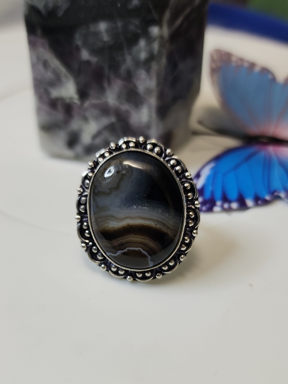 Black Banded Agate Oval Statement Ring